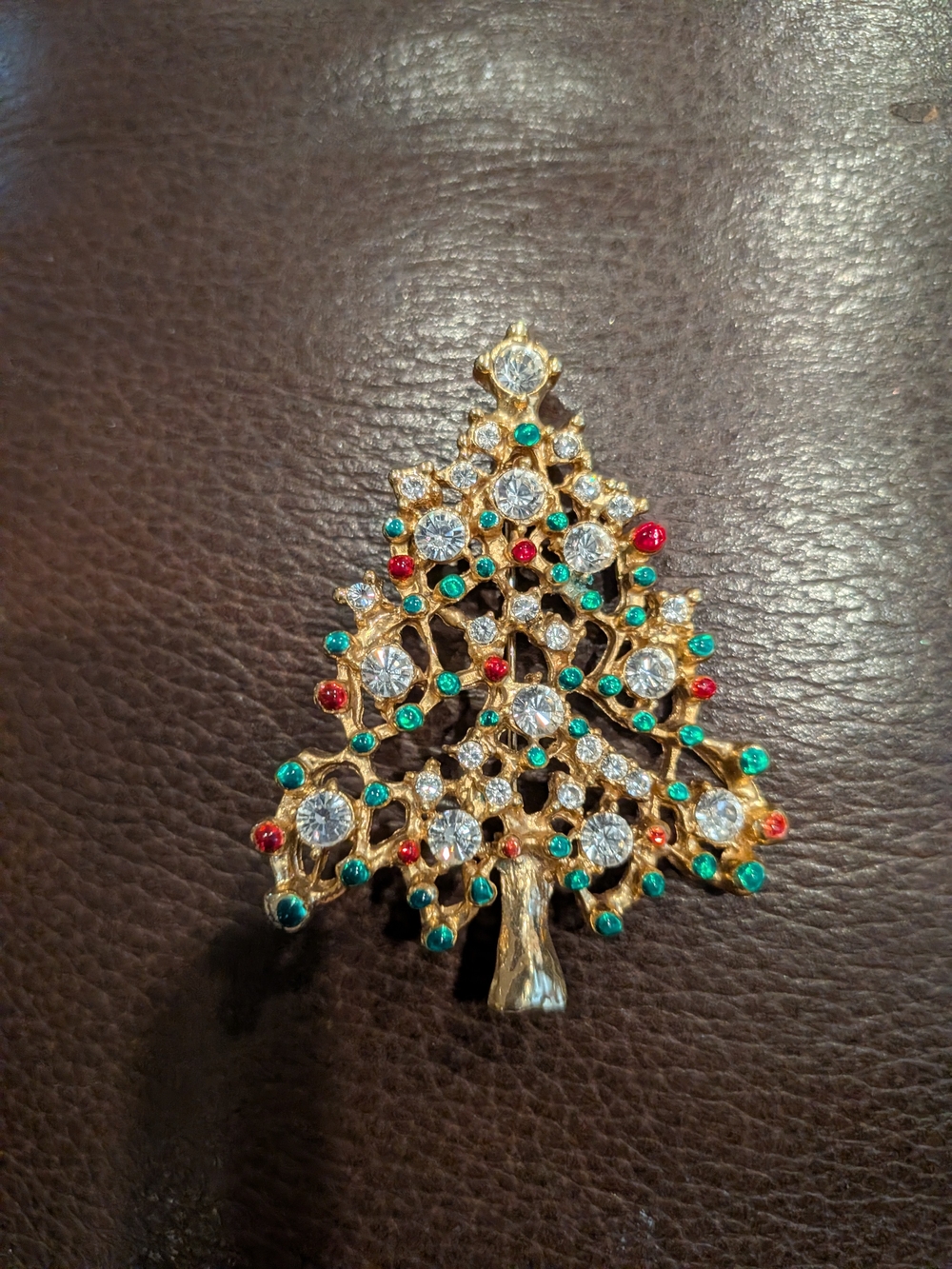 Festive Gold-Tone Christmas Tree Brooch with Red, Green and Clear Stones Vintage